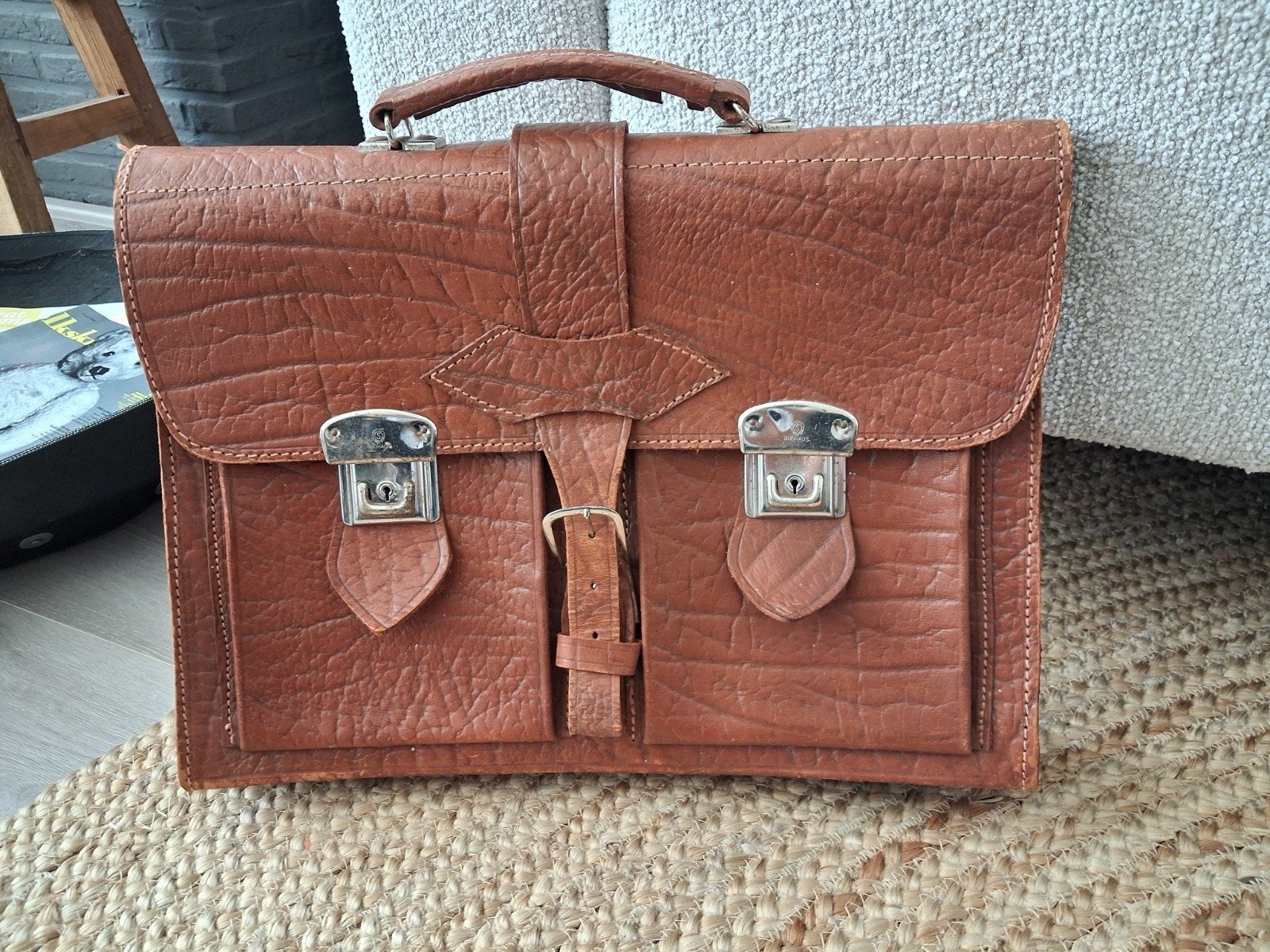 Vintage originele schooltas van bruin leer, Gebruikt, Bruin, Aktetas of Boekentas, Leer