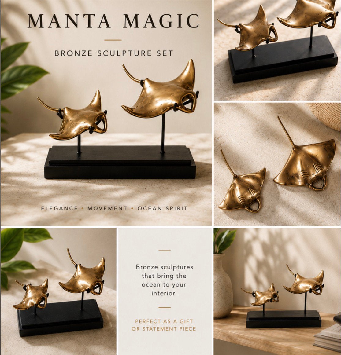 Bronzen Paar Floating Manta Rays Roggen. Art & Design Duiken, Ophalen of Verzenden