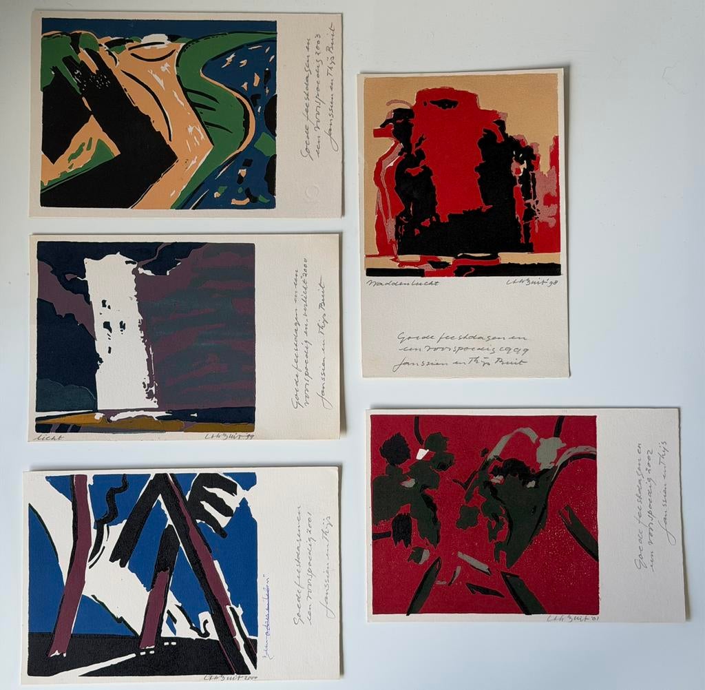 5x Linosnede van Thijs Buit -Gesigneerd- Abstract/ Landschap, Ophalen of Verzenden