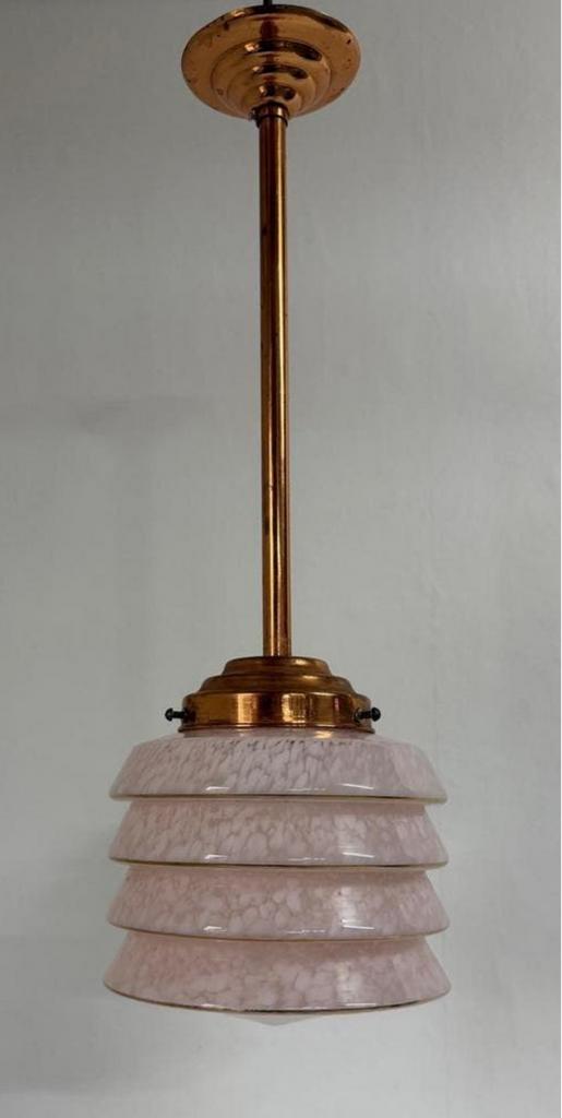 Vintage Roze gewolkte plafondlamp goud lijn koperen pendule, Huis en Inrichting, Lampen | Hanglampen, Ophalen of Verzenden, Zo goed als nieuw