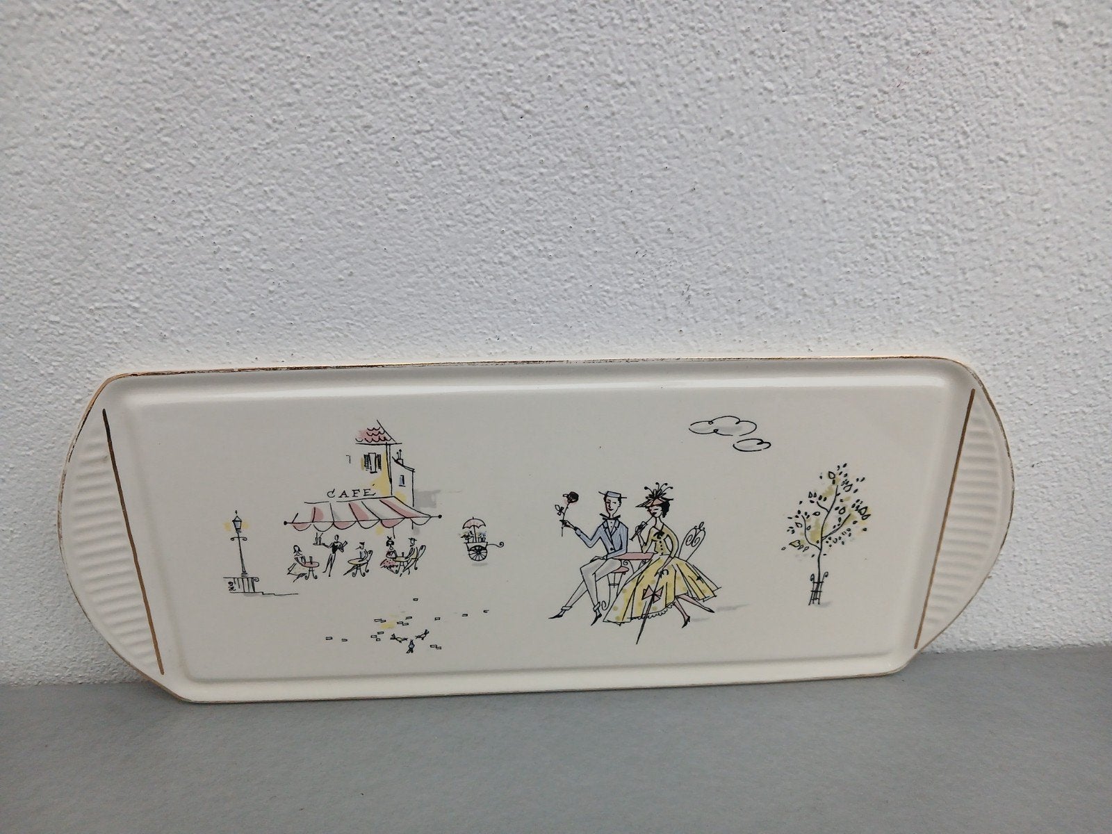 Vintage serveer plank met café scène en stelletje, Ophalen of Verzenden
