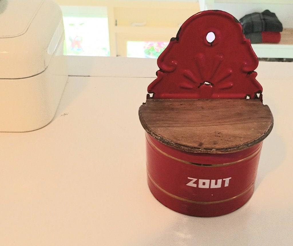 Vintage rode zoutpot met losse houten deksel, Ophalen of Verzenden