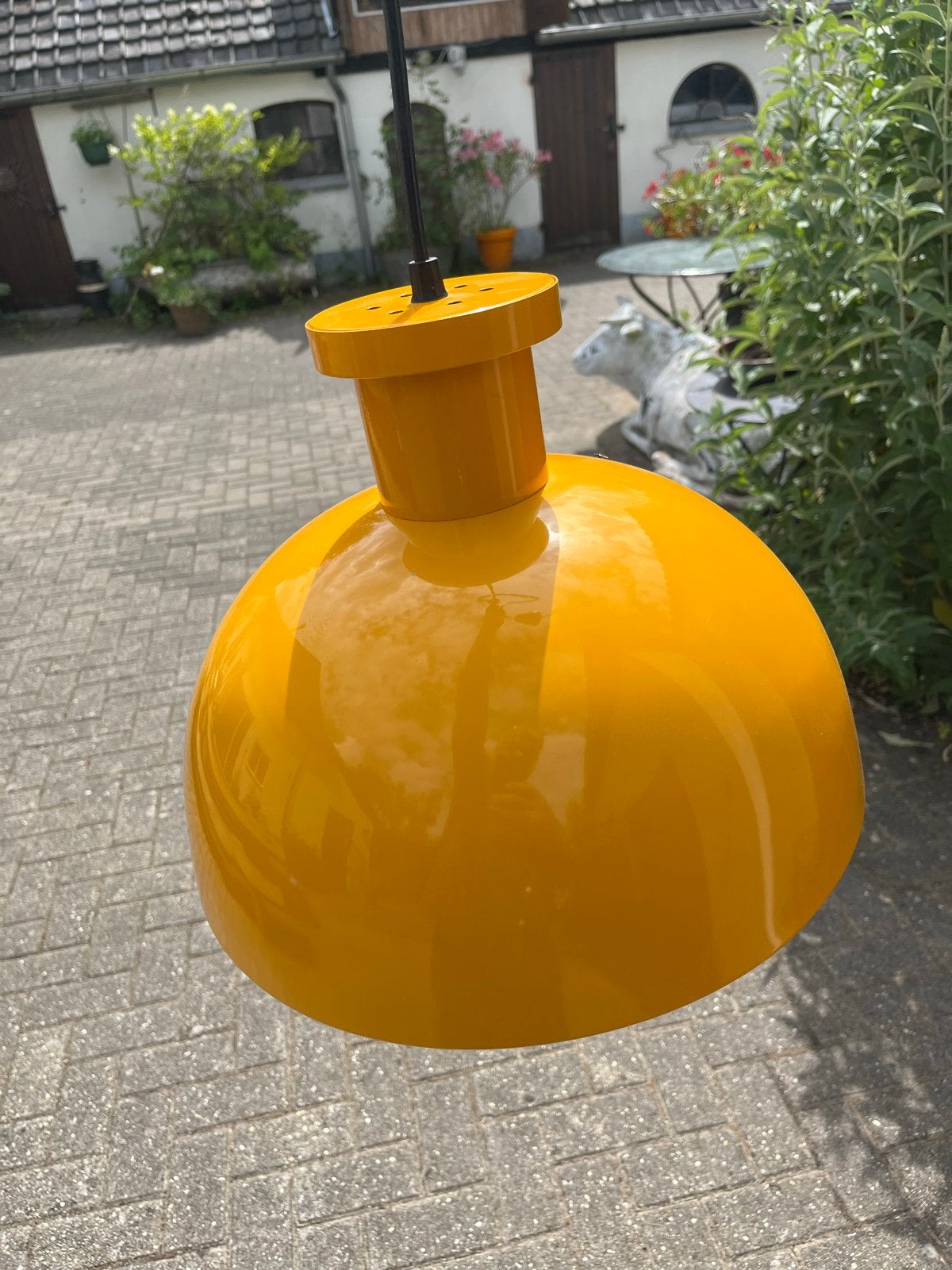 Vintage geel Oranje Hanglamp Jaren '70 space age retro €125, Metaal, Space age geel retro jaren 70 hanglamp, Gebruikt, E27 (groot)