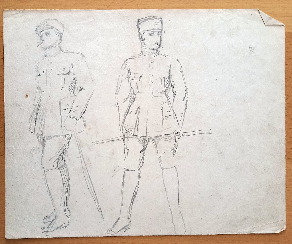 A493-42 Oude tekening 2 schetsen Militair, Antiek en Kunst, Ophalen of Verzenden