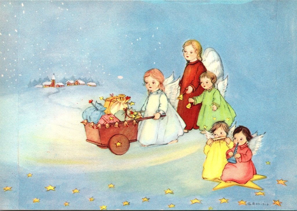 Vintage Kerstkaart: Engeltjes met slee en cadeaus jaren 60, Verzenden, 1960 tot 1980, Ongelopen, Feest(dag)