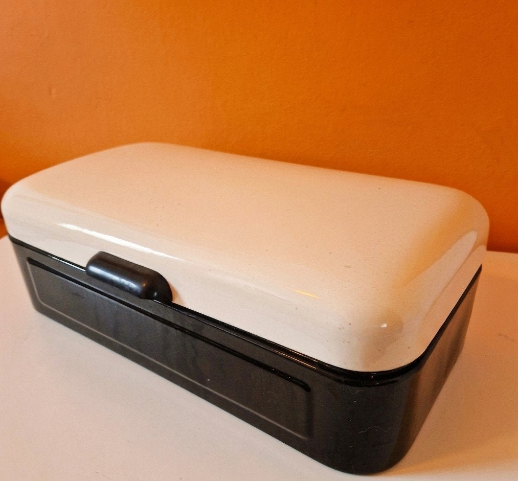 Vintage emaille broodtrommel créme zwarte brooddoos bakeliet, Ophalen of Verzenden