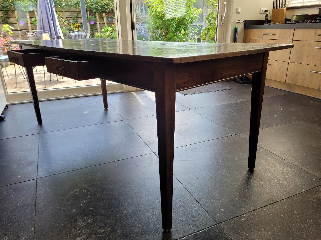 Mahonie houten tafel met twee lades, Ophalen, Gebruikt, 200 cm of meer, 50 tot 100 cm