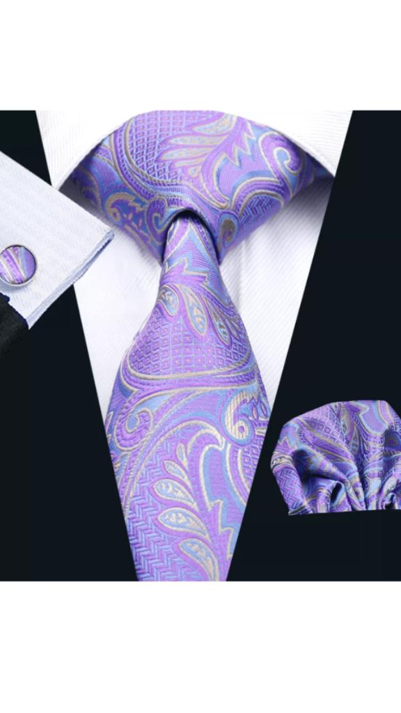 100% zijde Stropdas Pochet Manchetknopen lila Paars -NIEUW-, Ophalen of Verzenden, Nieuw, Paars, Met patroon