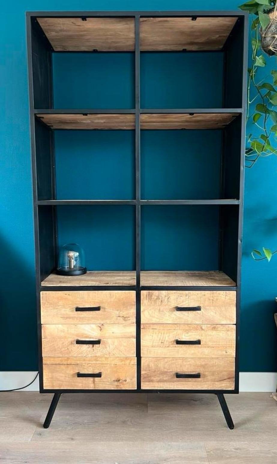 Industriële boekenkast met lades - Zwart metaal & Hout