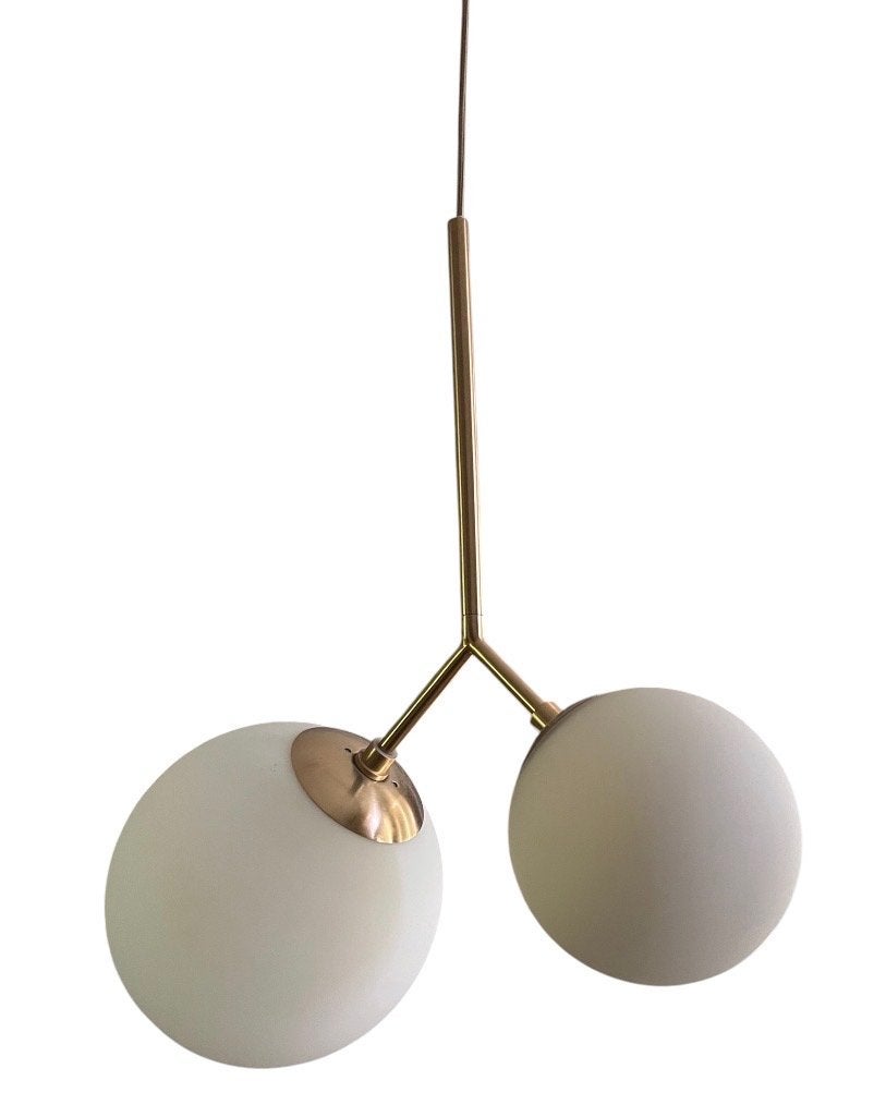 House Doctor Moderne Hanglamp met 2 Bolvormige Glazen Kappen, Ophalen, Zo goed als nieuw, Glas, 75 cm of meer