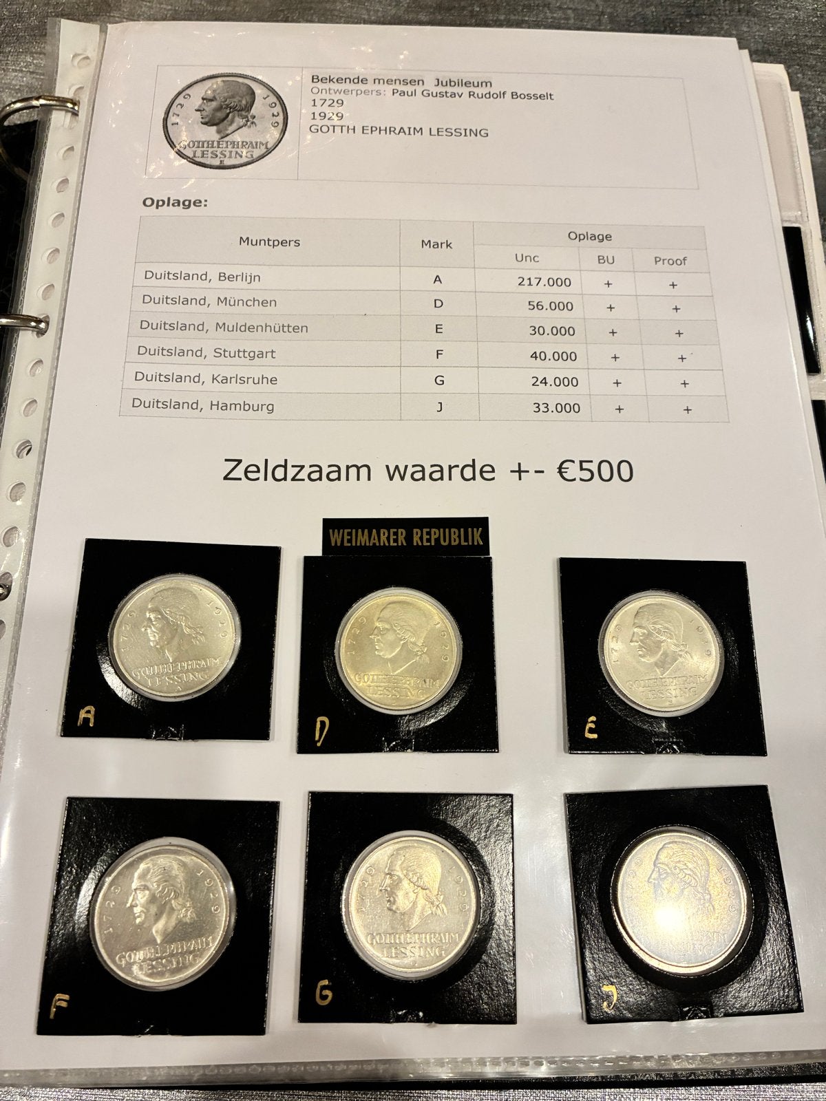 Complete set Lessing Reichsmarken 1929 Weimar Republiek, Ophalen of Verzenden, Duitsland, Setje, Zilver