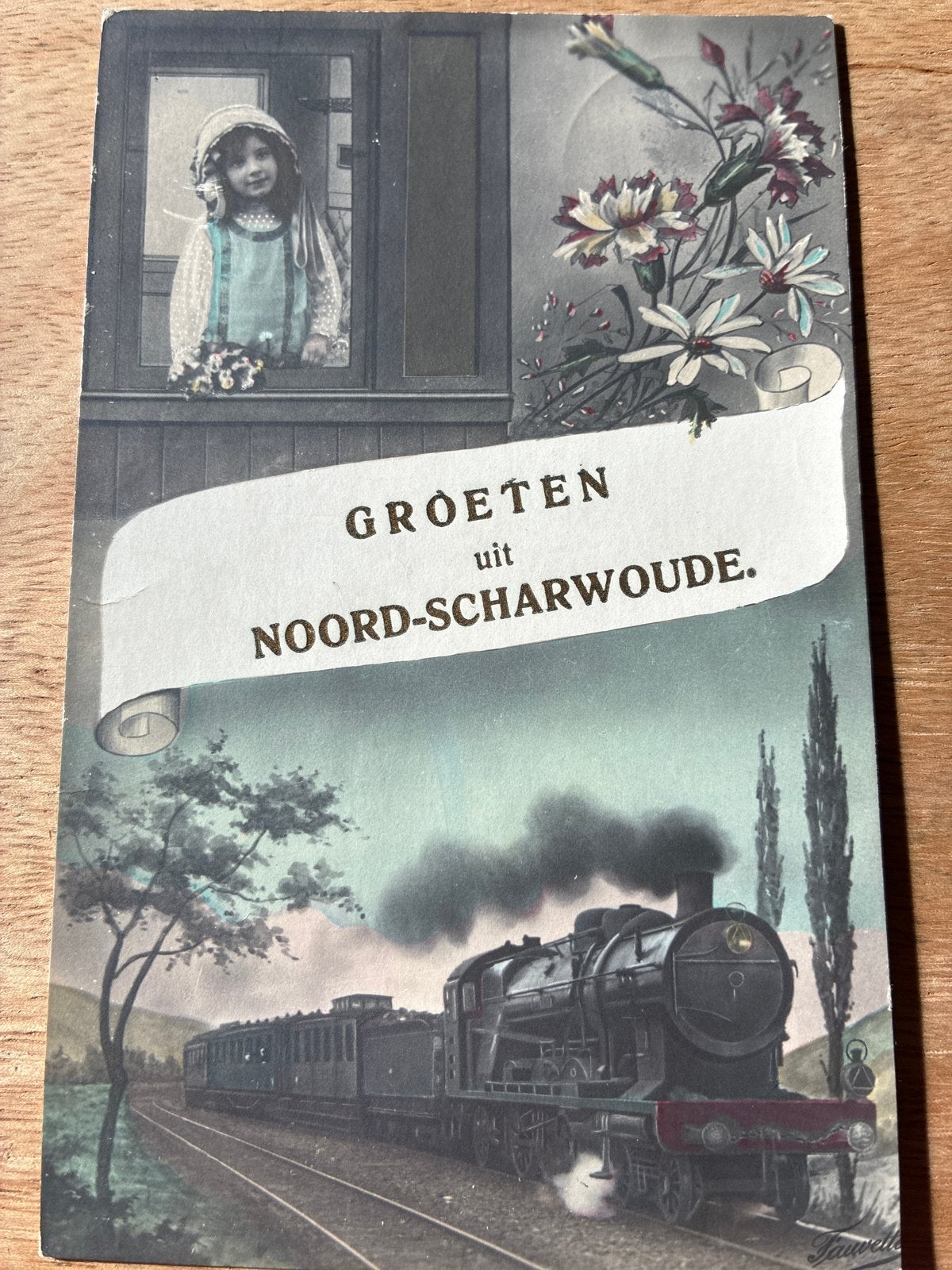 Oude ansichtkaart Groeten uit Noord-Scharwoude - Trein, Verzamelen, Ophalen of Verzenden, Voor 1920, Gelopen, Noord-Holland