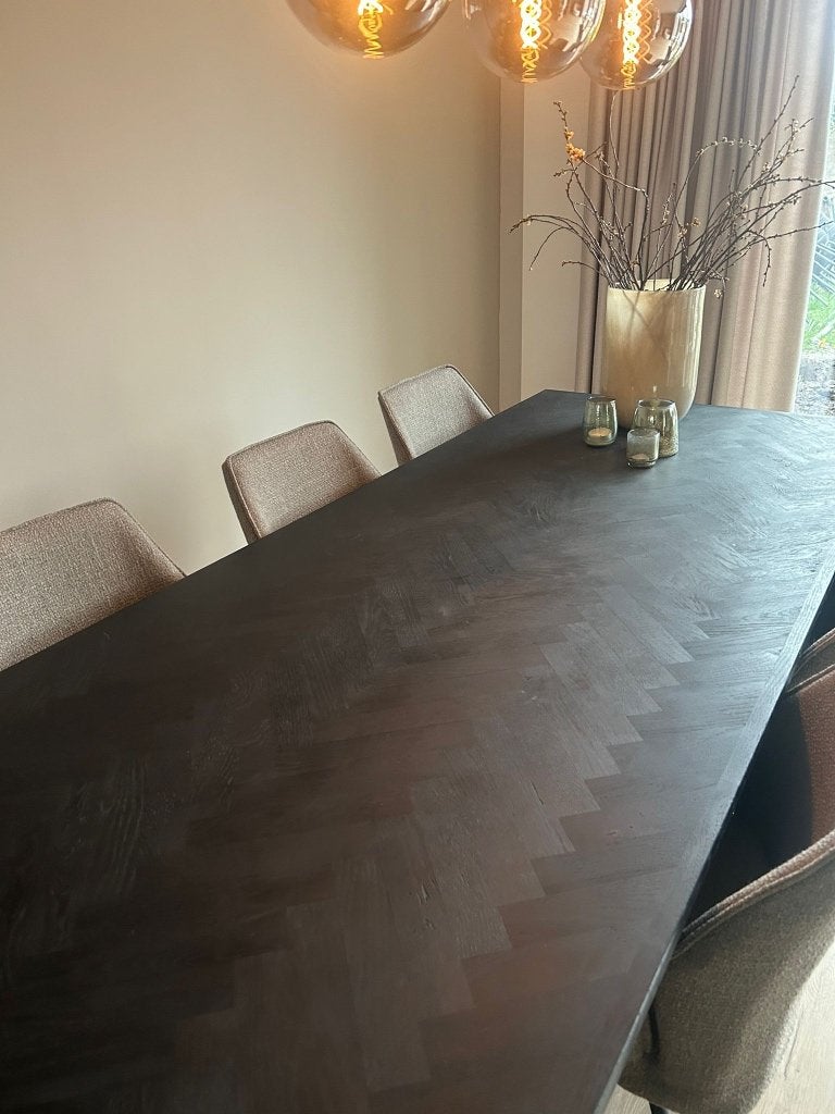 Massief eiken visgraat eetkamertafel, Ophalen, Gebruikt, Eikenhout, 200 cm of meer