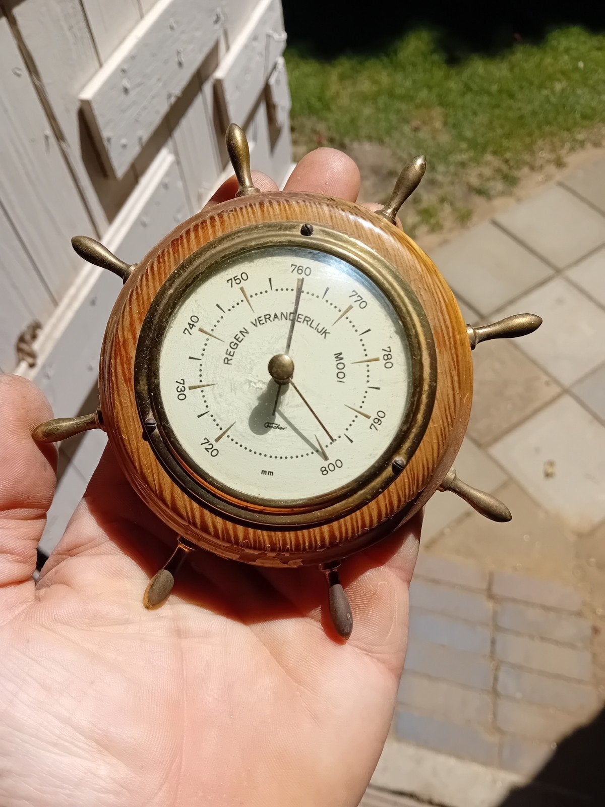Antieke scheepsbarometer in stuurwiel design, Ophalen of Verzenden, Gebruikt, Barometer