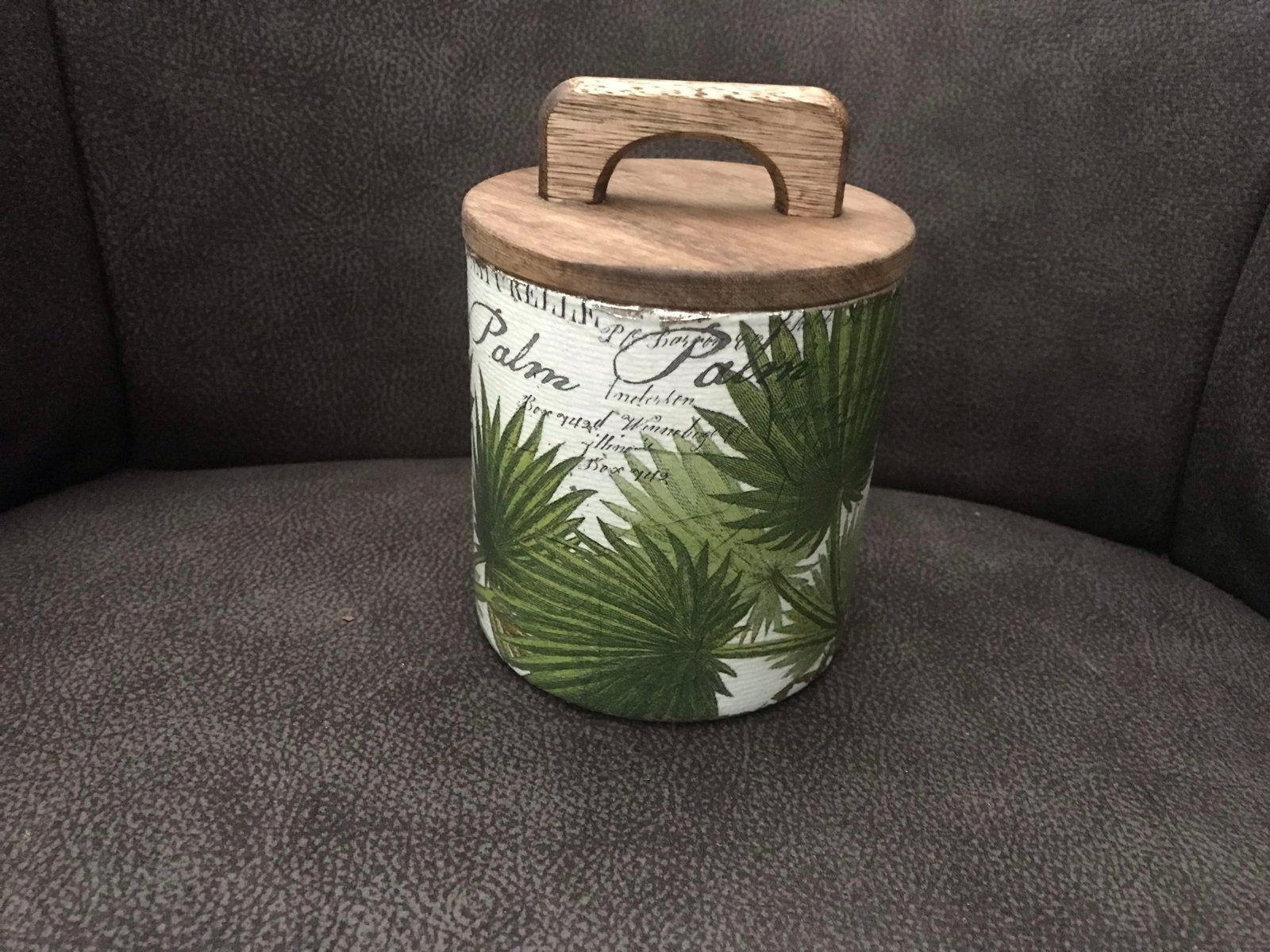 Decoratieve pot met palmbladprint en houten deksel, Groen, Hout, Overige stijlen, Nieuw