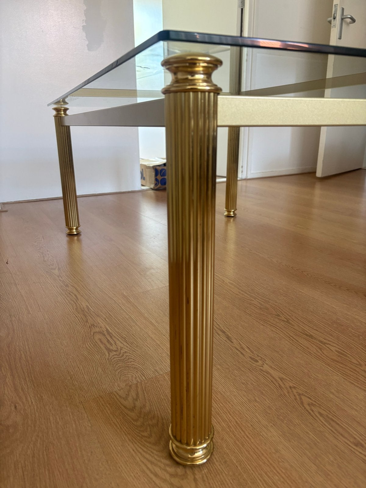 Glazen salontafel met gouden poten - 120x80cm, Huis en Inrichting, Tafels | Salontafels, Ophalen, 50 – 75, Gebruikt, 100 tot 150 cm