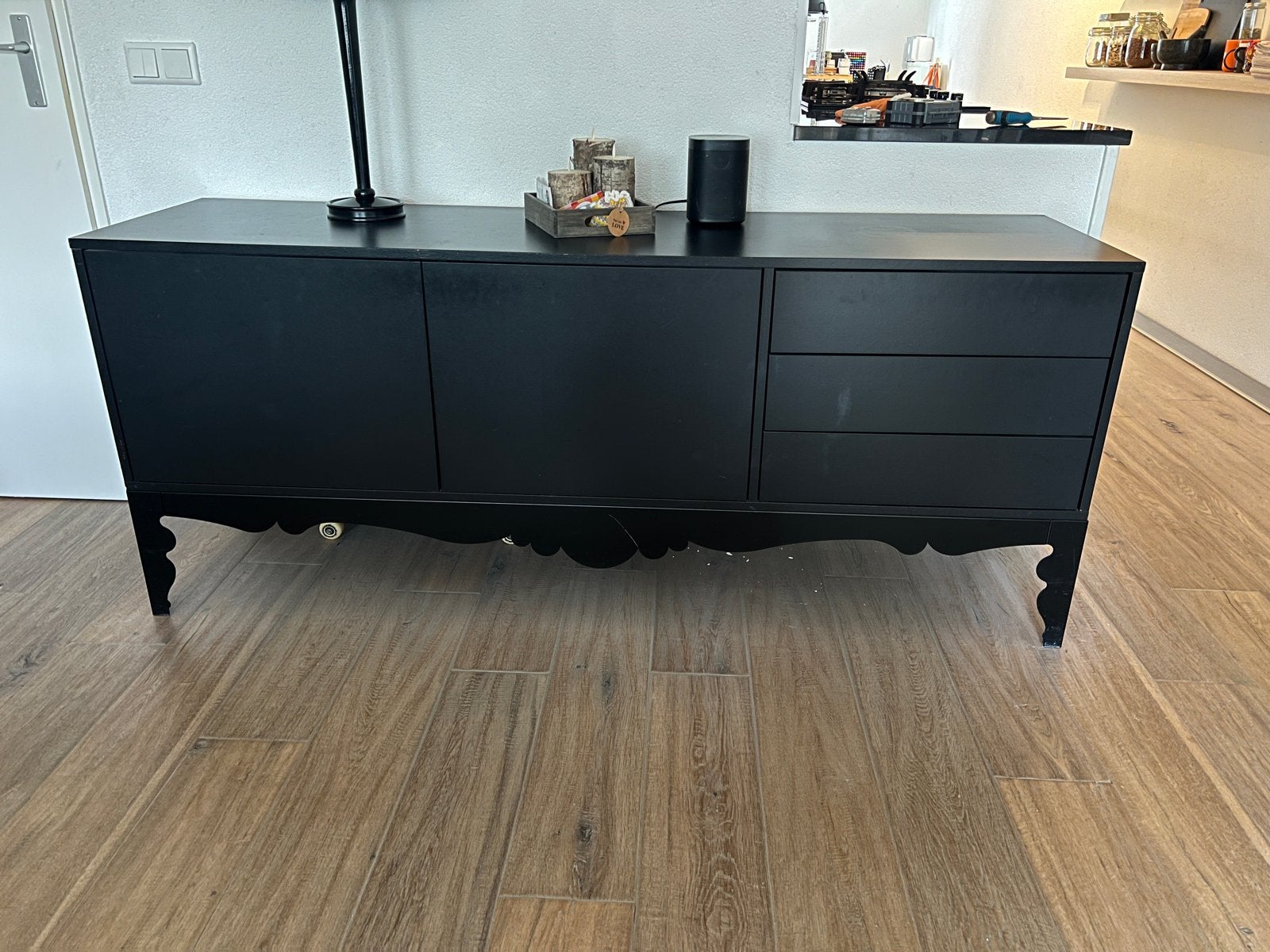 Zwart dressoir met lades en deuren, Gebruikt, 150 tot 200 cm, Ophalen of Verzenden, Met lade(s)