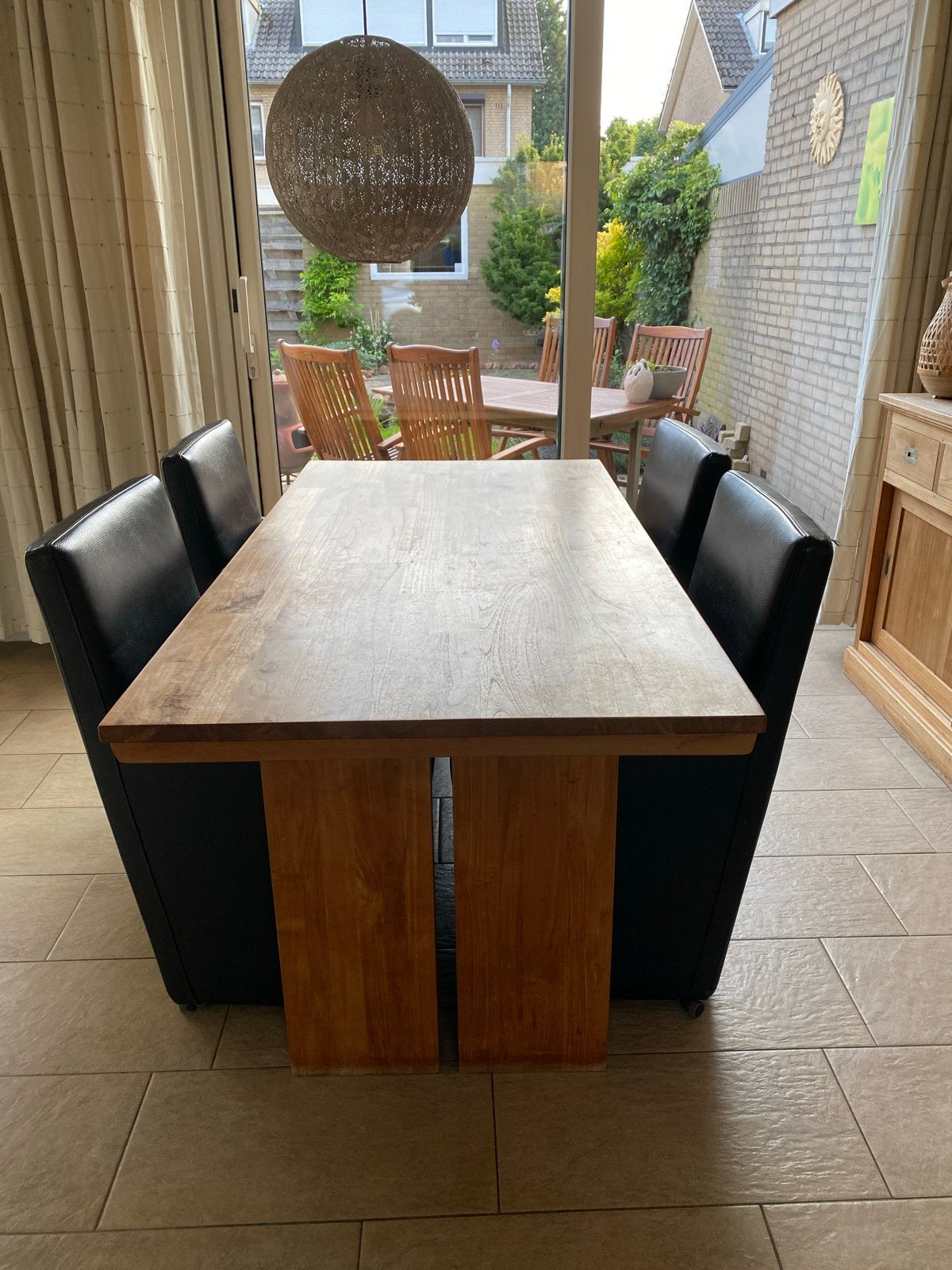 Teak eetkamertafel vier stoelen en salontafel, Ophalen, Gebruikt, 100 tot 150 cm, Teakhout
