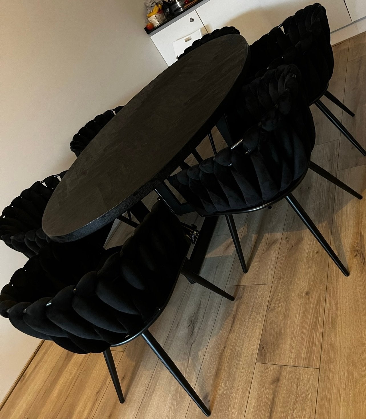 Eettafel ovaal visgraat 188x110cm met 6 wave stoelen, 100 tot 150 cm, Ophalen of Verzenden, Zo goed als nieuw, Vijf personen of meer