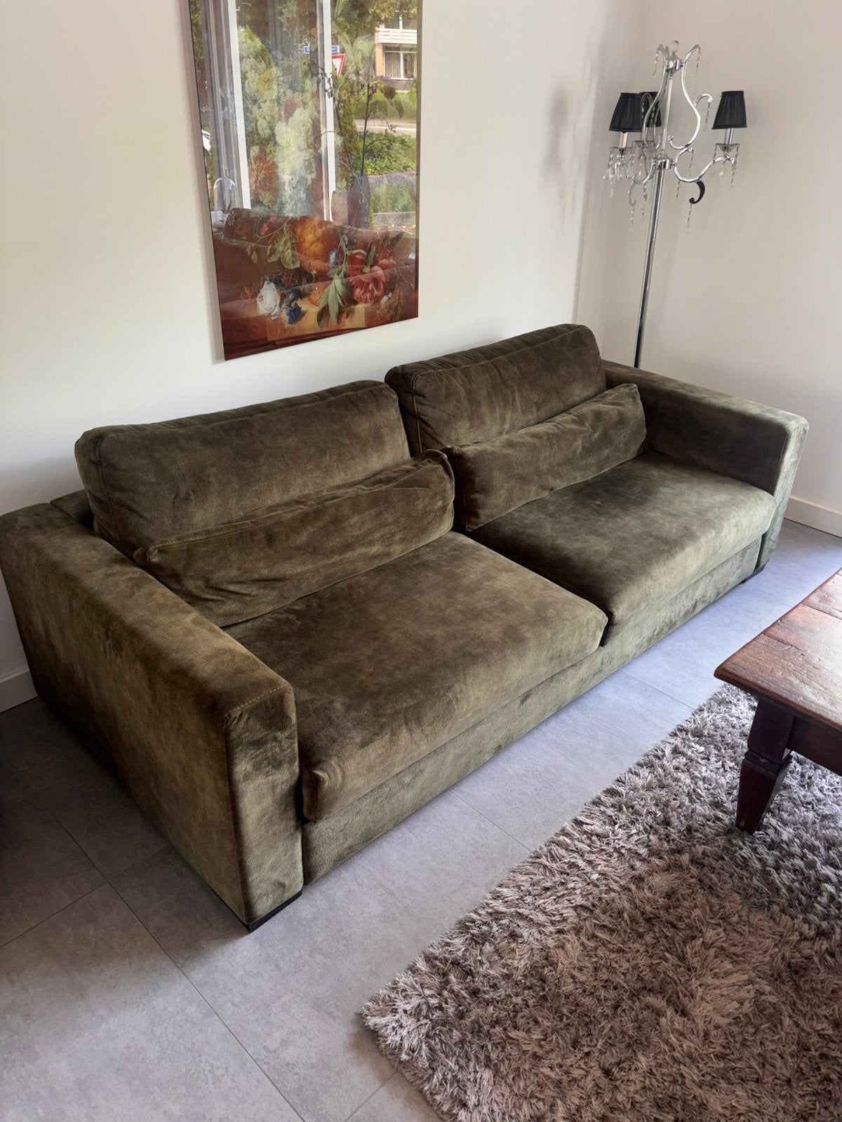 Bank set velvet groenen banken set suede stof, 100 tot 125 cm, Ophalen of Verzenden, Zo goed als nieuw, Rechte bank