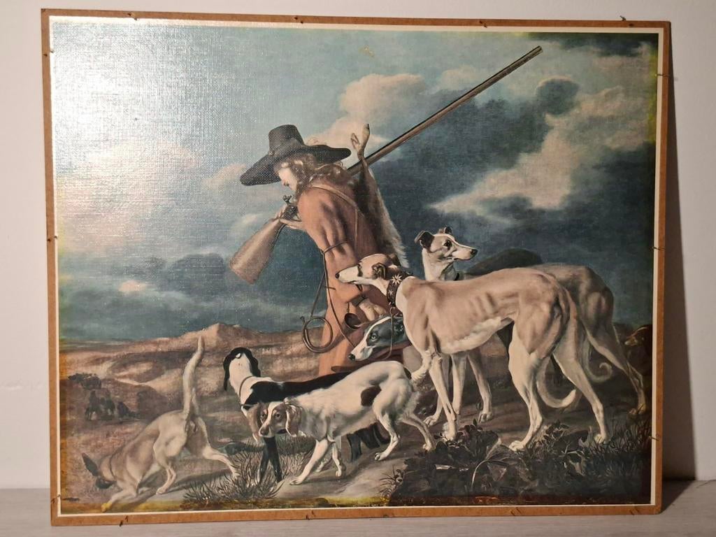 Jager in het veld met zijn jachthonden - Vintage schilderij, Ophalen of Verzenden