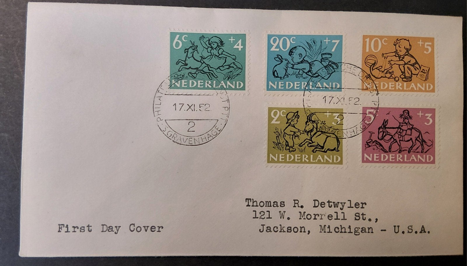 First Day Cover kinderpostzegels 1952 Nvph 596/600  17.XI.52, Verzenden, Beschreven, Nederland