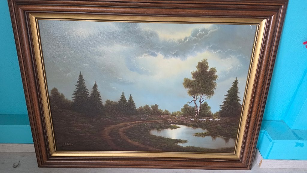Schilderij W. Schuller - Heide landschap met water, Antiek en Kunst, Ophalen, Doek, Realistisch, Landschap