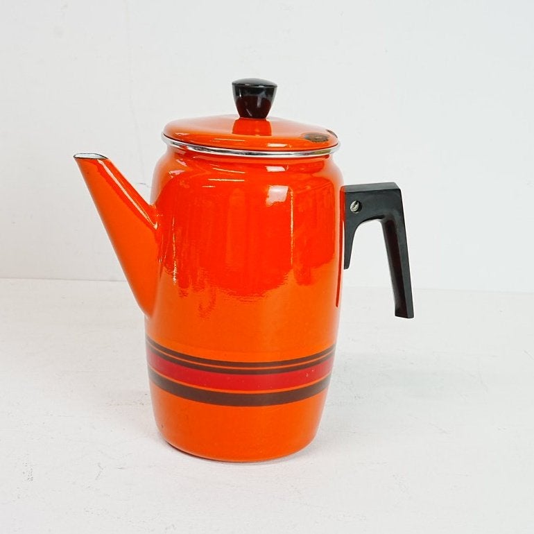 Vintage oranje emaille koffiekan met strepen., Ophalen of Verzenden