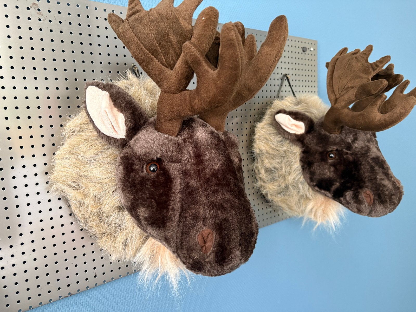 Twee pluche elandenkoppen voor wanddecoratie, Gebruikt, Ophalen of Verzenden, Landelijk, Bruin