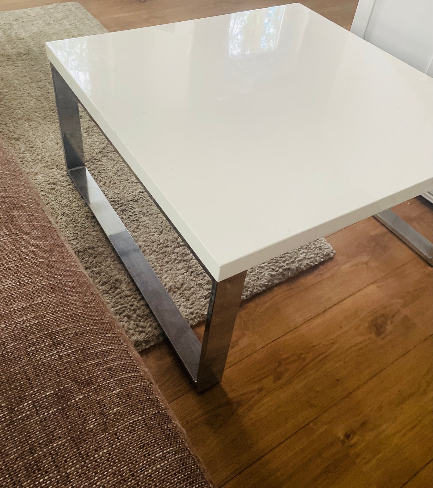 Salontafel wit hoogglans chroom onderstel 85x85 cm, Ophalen, Gebruikt, 100 tot 150 cm, Vierkant