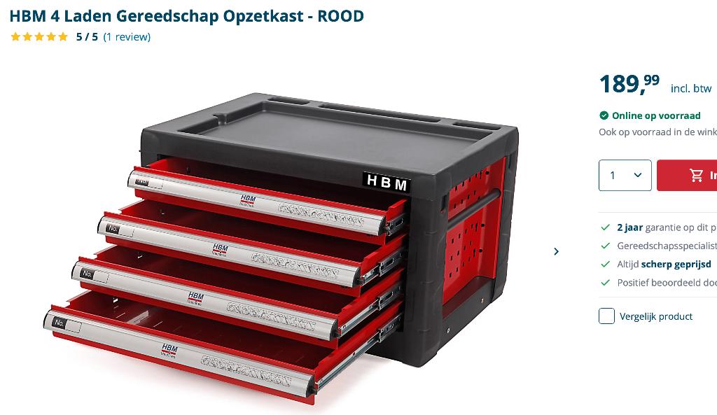 8 rijkgevulde lades met gereedschap HBM in 2 opzetkasten, Ophalen, Zo goed als nieuw