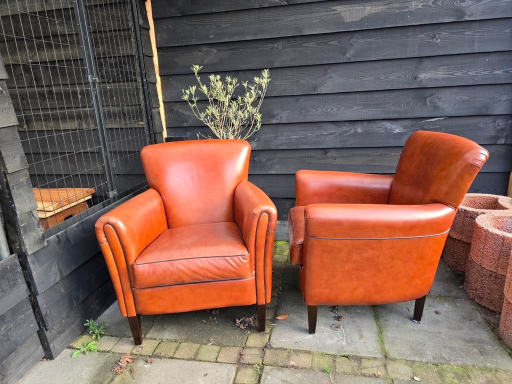 Club fauteuils set, geitenleer,klassiek kwaliteit, Ophalen, Schapenleer,set,klassiek,industrieel,mancave, 50 tot 75 cm, Leer