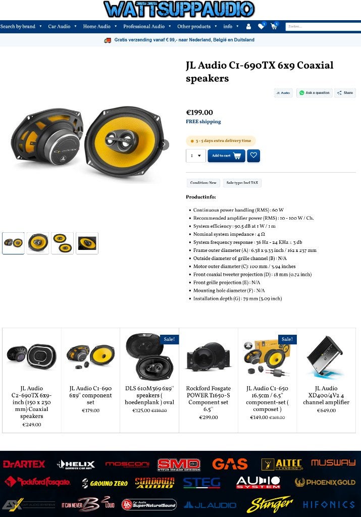 JL Audio C1-690TX 6x9 Coaxial speakers / hoedenplank, Hifi-Focus, Aalsmeerderweg 173 1432 CL, Aalsmeer, Nieuw, Ophalen of Verzenden