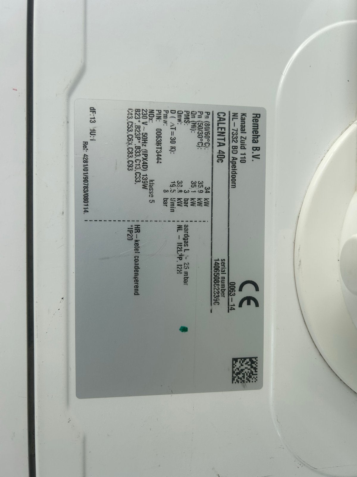 Remeha Calenta 40C CV-ketel CW4, Ophalen, Gebruikt, Hoog rendement (Hr), Cv-ketel of Combi-ketel