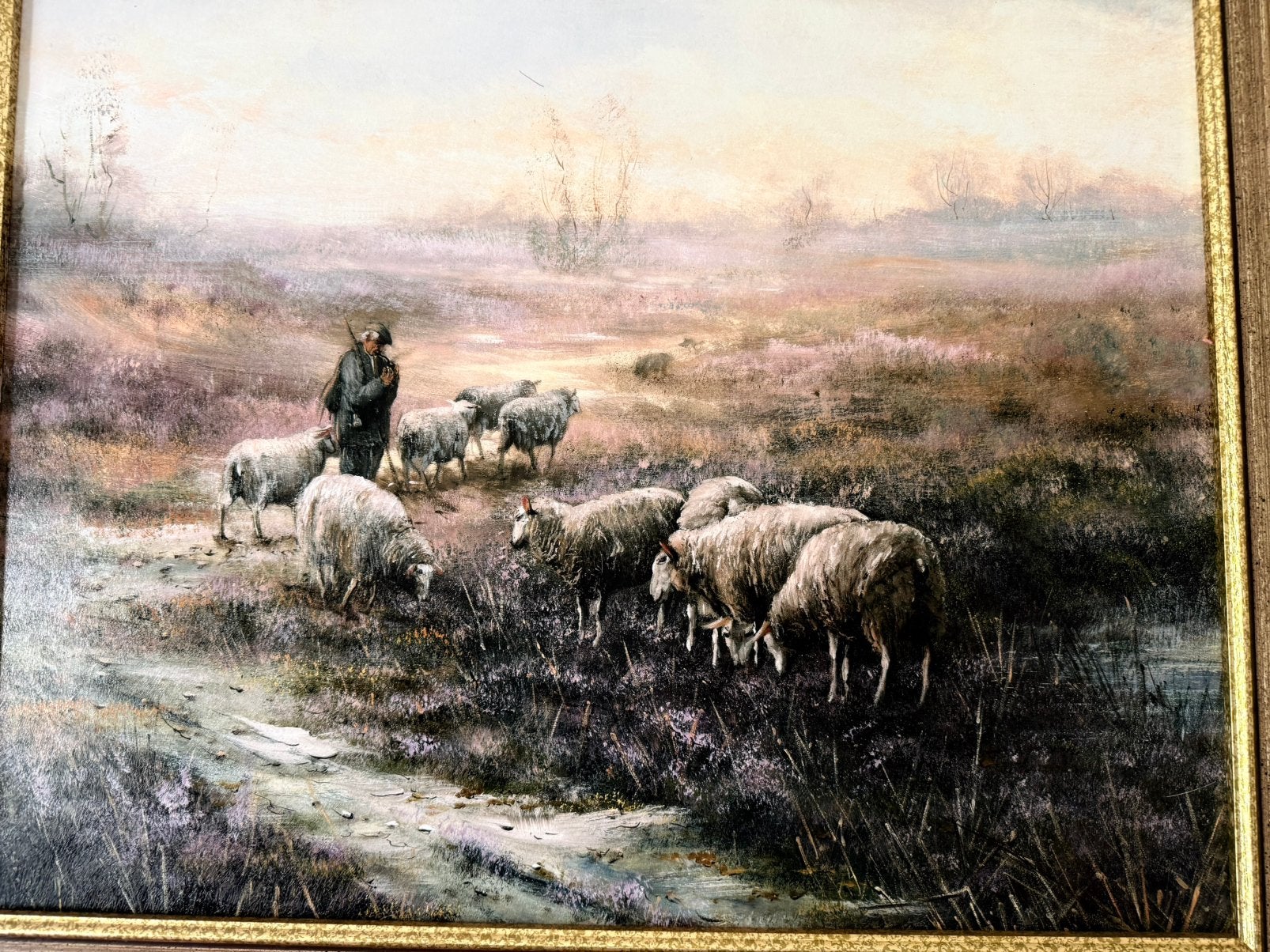 Schilderij Schapen op de hei (L. Engelen), Antiek en Kunst, Ophalen, Doek, Realistisch, Bijzondere lijst