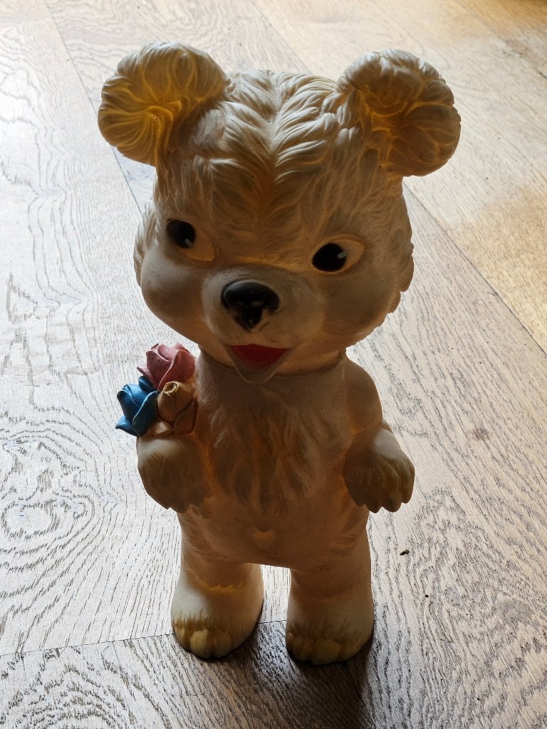 Vintage rubberen beer met bloemen piepfiguur, Ophalen of Verzenden