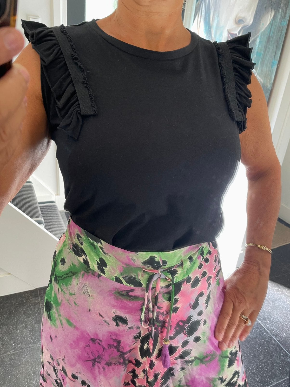 T/Today, super leuke en aparte zwarte top, 100% katoen, S/M, Ophalen of Verzenden, Zo goed als nieuw, Zwart, Zonder mouw