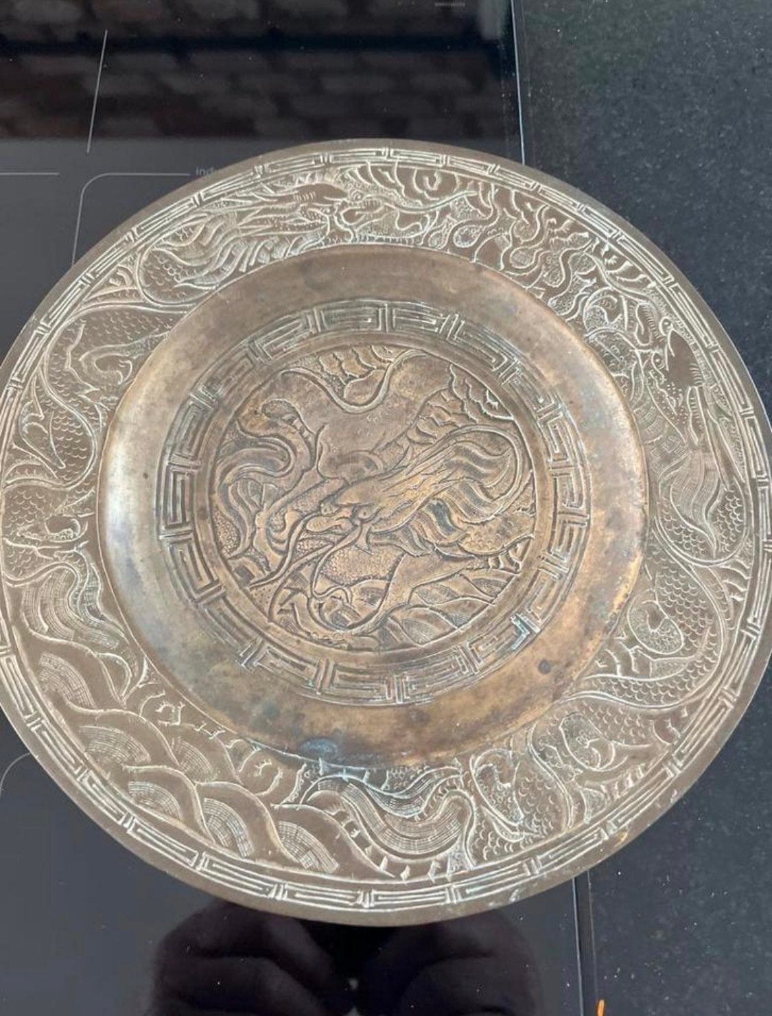 Chinese Koperen/Messing Draken Schaal (Charger Plate), Ophalen, Koper