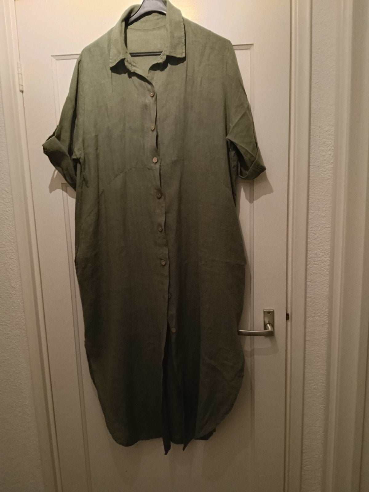 linnen army groene jurk, overhemdmodel, Maat 42/44 (L), Ophalen of Verzenden, Zo goed als nieuw, Onder de knie