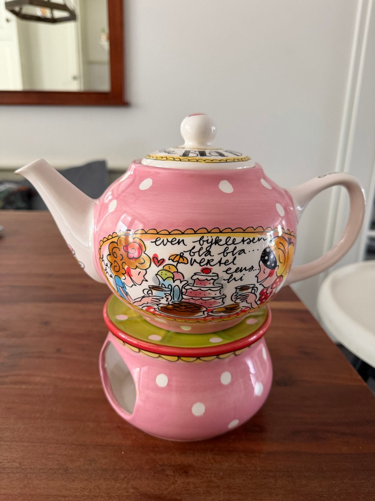 Blond Amsterdam theepot met theelichtje - Roze met stippen, Gebruikt, Roze, Steen/keramiek, Ophalen