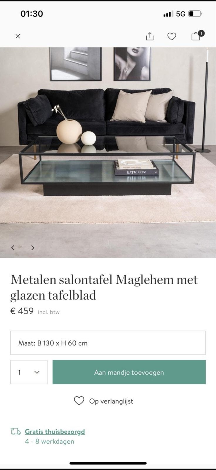 Metalen salontafel Maglehem met glazen tafelblad, Ophalen, 50 – 75, 100 tot 150 cm, Nieuw