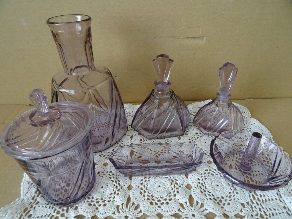 Vintage Art deco stijl glazen toiletset kaptafel set 9-delig, Antiek en Kunst, Ophalen of Verzenden