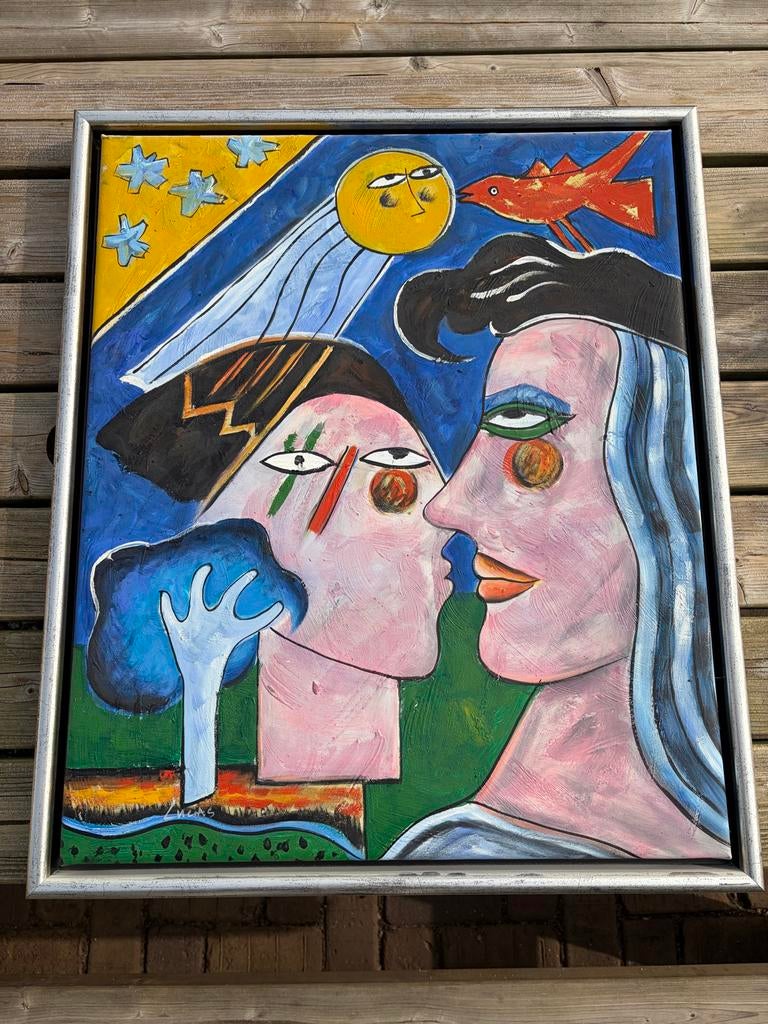 Schilderij in Corneille stijl, gesigneerd Lucas, Antiek en Kunst, Ophalen