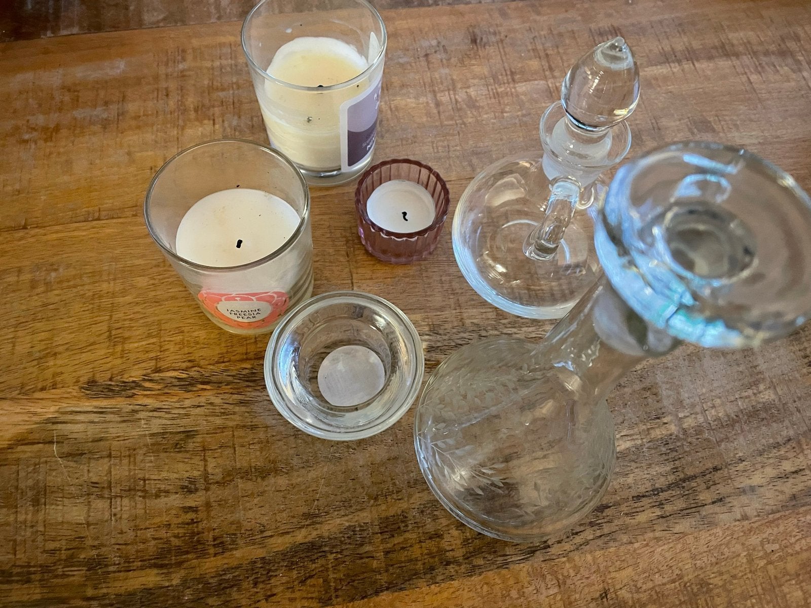 Diverse glazen kaarsen en kandelaars, Ophalen, Gebruikt, Meerkleurig, Glas