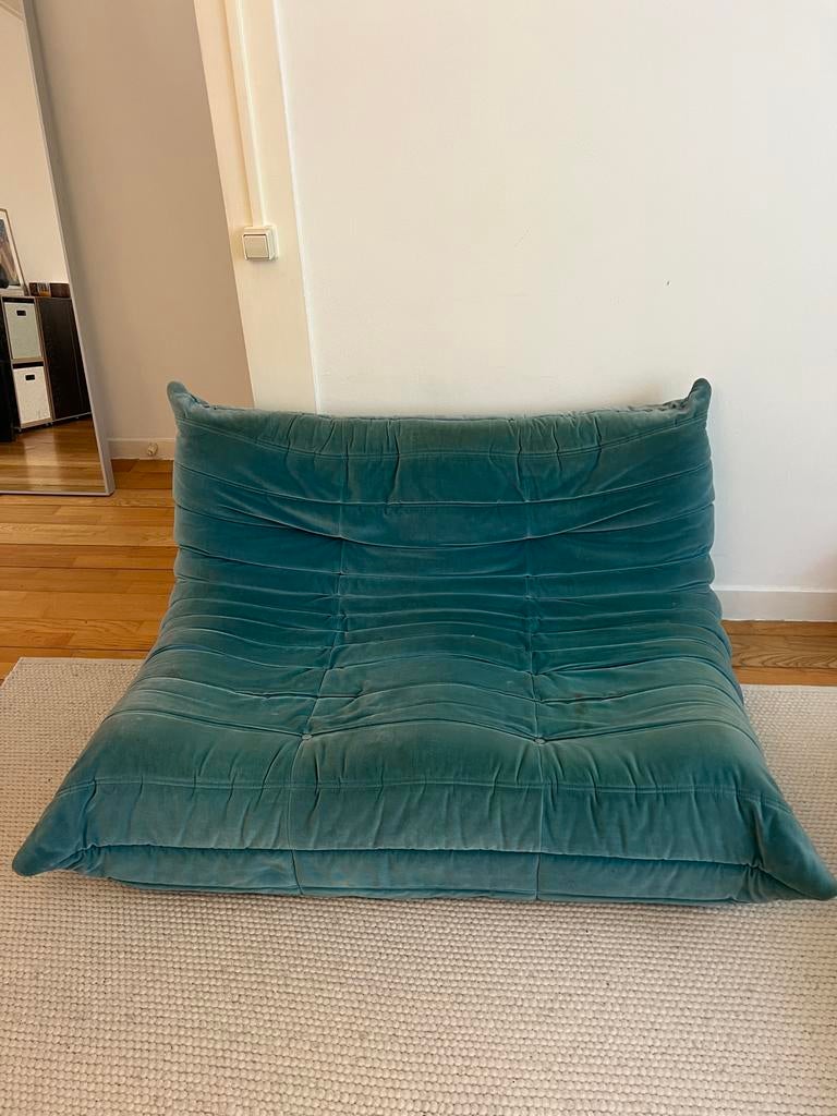 Vintage Ligne Roset Togo bank - blauw/groen, Huis en Inrichting, Ophalen, Gebruikt, 100 tot 125 cm, 150 tot 200 cm