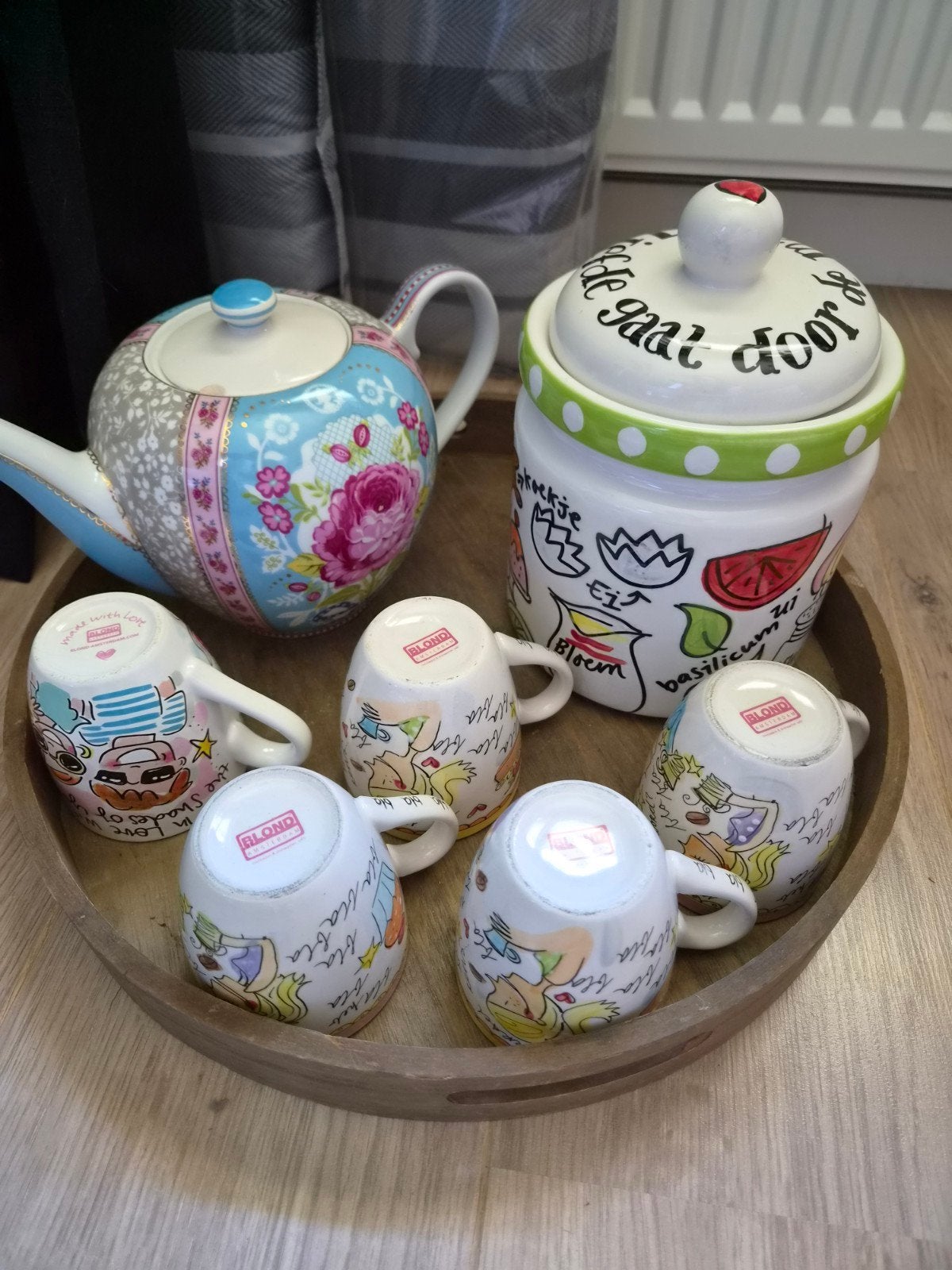 Blond Amsterdam servies set, theepot en 5 kopjes, Huis en Inrichting, Keuken | Servies, Gebruikt, Keramiek, Ophalen of Verzenden