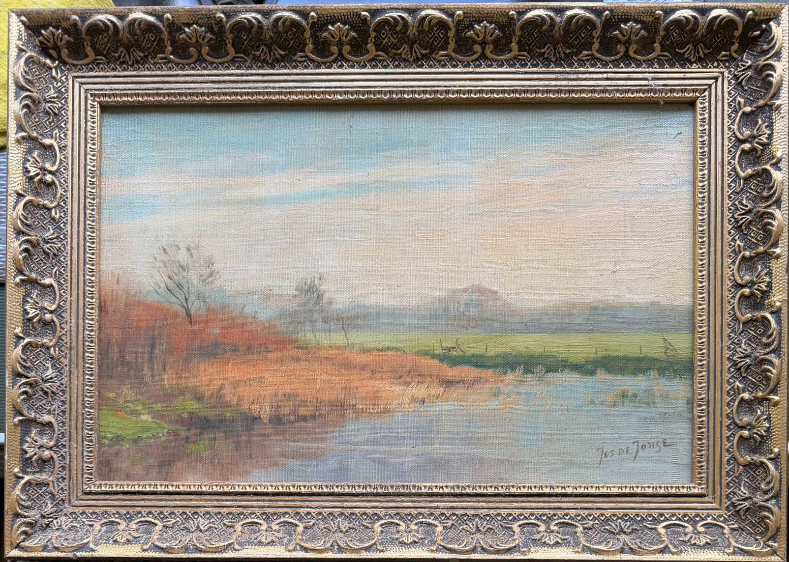 Rivierlandschap met duinen, Antiek en Kunst, Kunst | Schilderijen | Klassiek, Doek, Gesigneerd, Impressionistisch, Ophalen of Verzenden