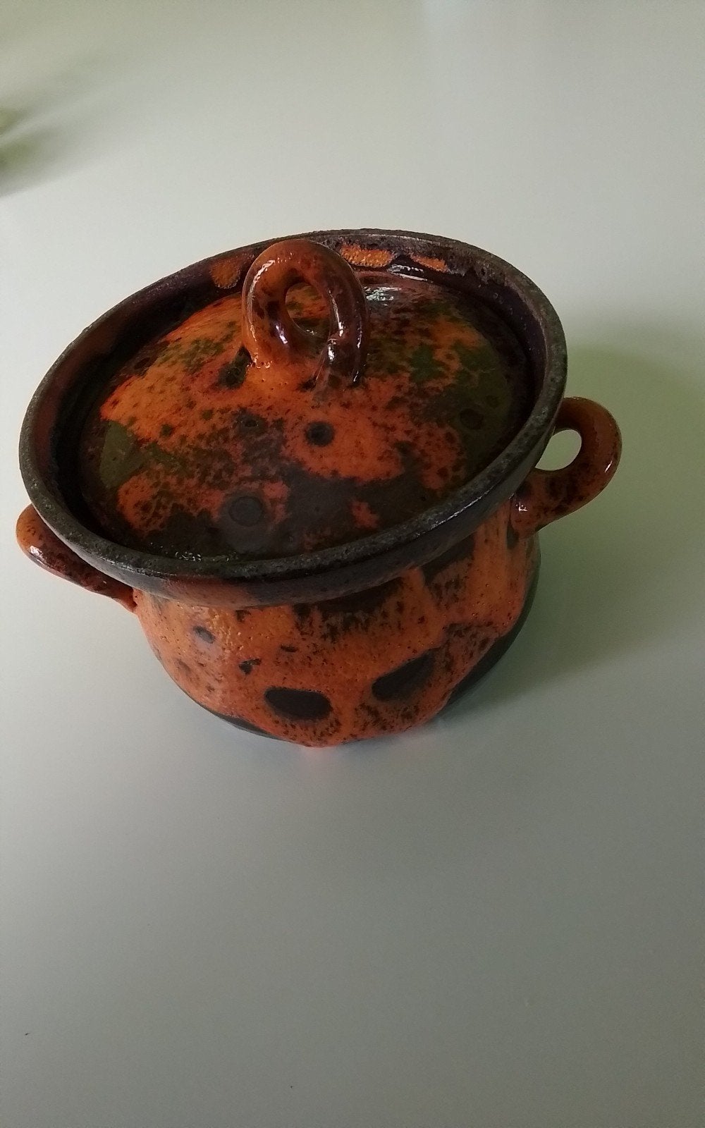💐VINTAGE FAT LAVA POTJE MET DEKSEL ORANJE-BRUIN, Antiek en Kunst, Ophalen of Verzenden
