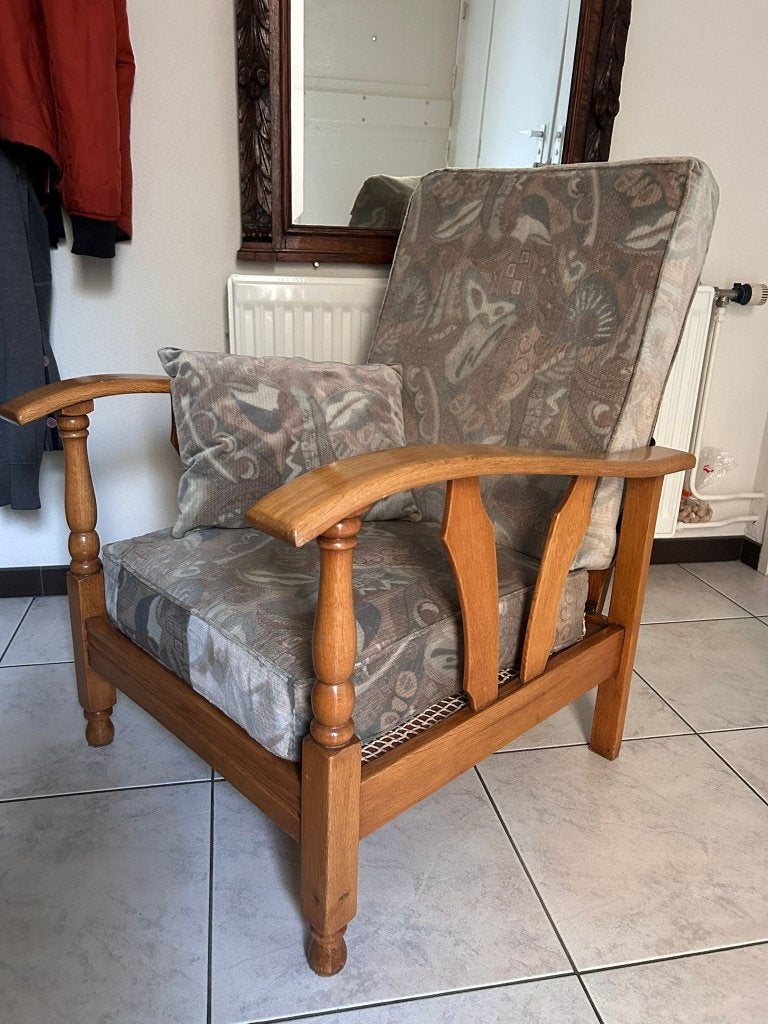 vintage, eiken  rookstoel zit- / ligstoel, Huis en Inrichting, Fauteuils, Ophalen, Gebruikt, Vintage, 75 tot 100 cm