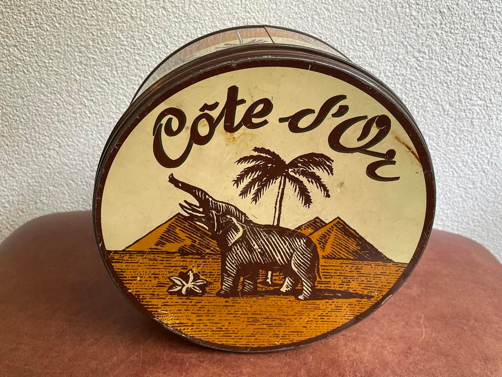 Vintage Côte d'Or chocoladeblik met olifantenmotief, Ophalen of Verzenden, Gebruikt, Overige